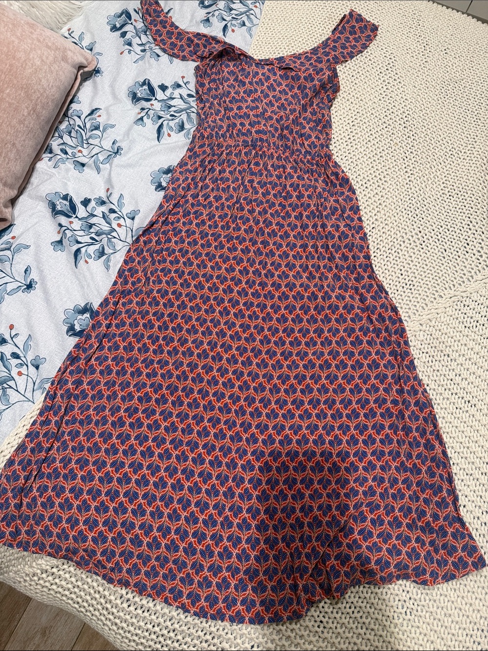 Navy and Coral Geometric Maxi Dress - Sleeveless Square Neck